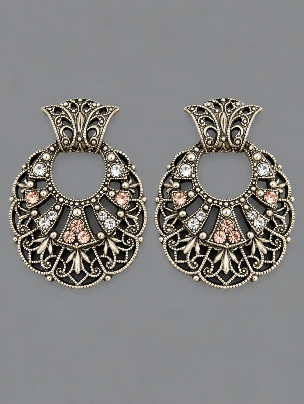 1928 Regency Silver Filigree Drop Earrings with Pink & Blue Crystals